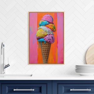 Pop Art Ice Cream Cone With Vibrant Melting Ice Cream Scoops Acrylic Wall Art Canvas Print, Food Poster, Kitchen Painting, Ready To Hang