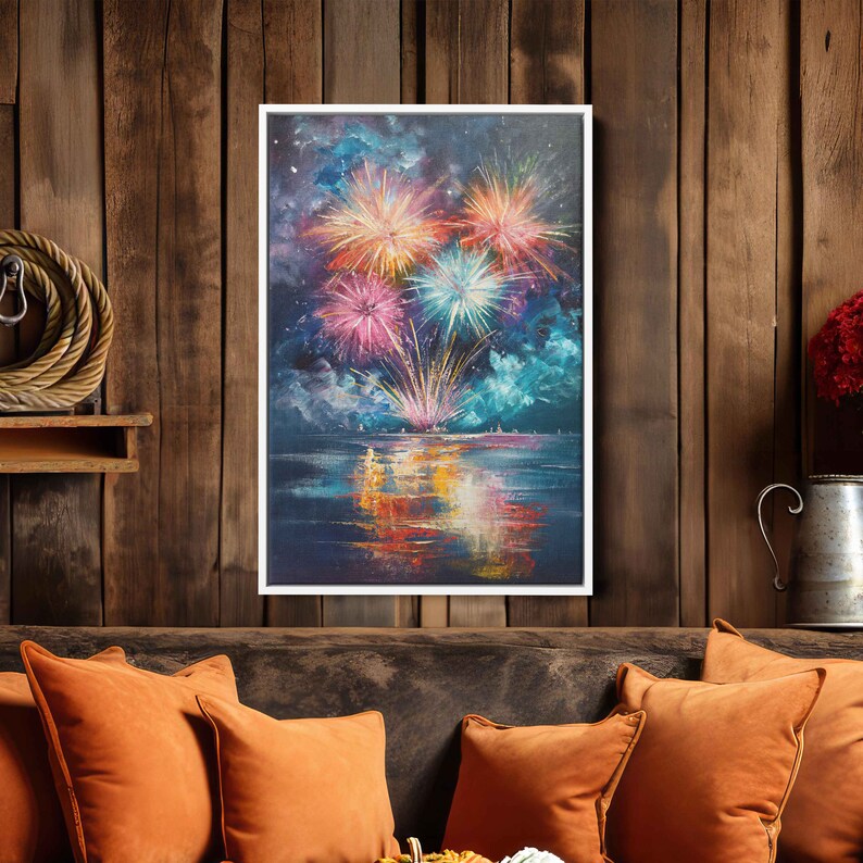 Exploding Fireworks Over Water Wall Art Canvas Print, Colorful Explosions In Sky, Ready To Hang image 9