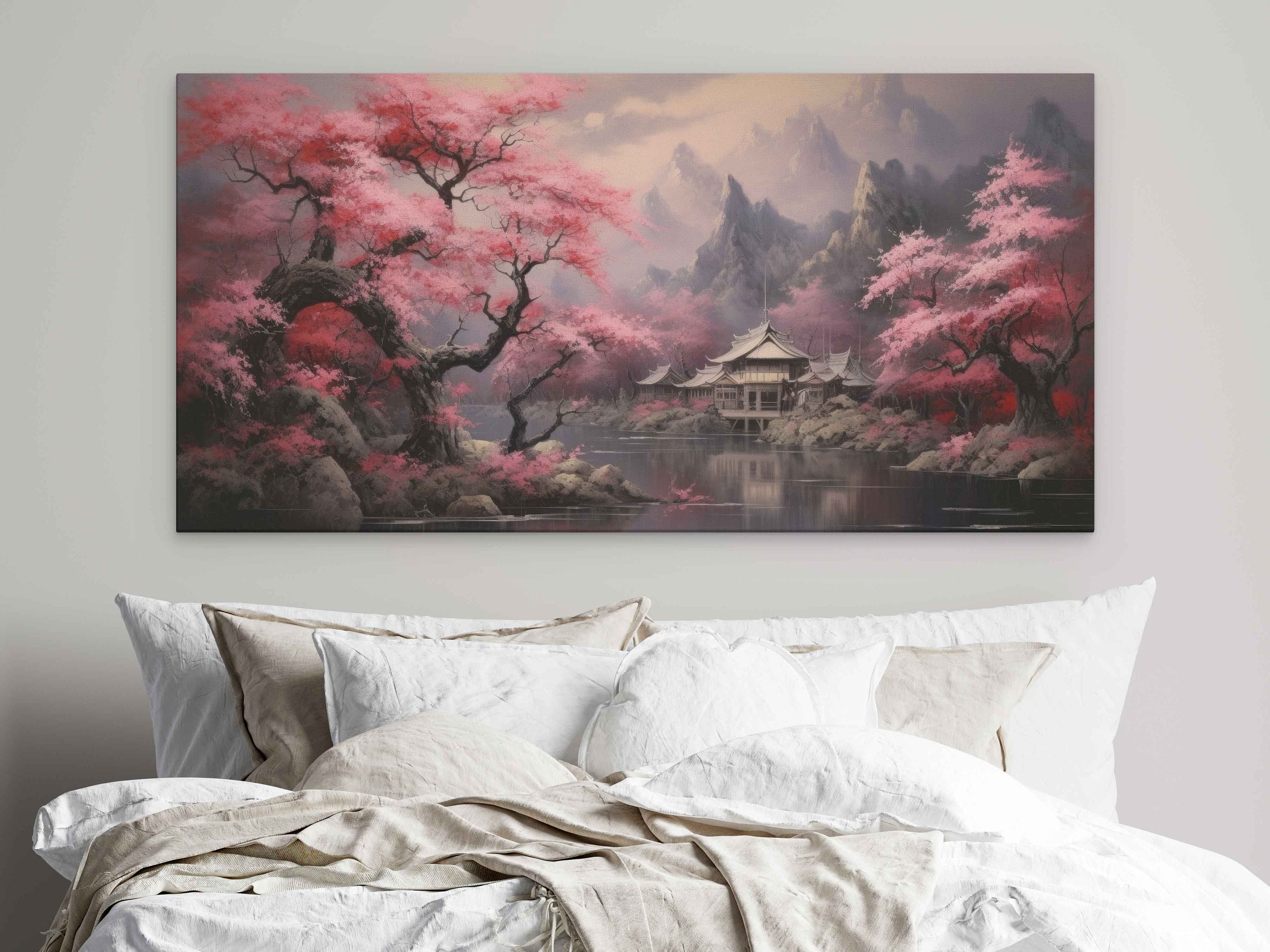Japanese Pink Cherry Tree Blossoms on the River Oil Painting