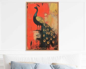 Gilded Peacock Elegance, Wall Art Canvas Print, Whimsical Surreal Design, Gold Leaf Accents