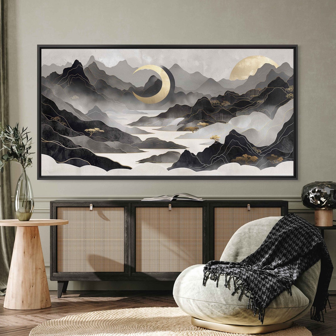 Chinese Landscape With Gold Trim Wall Art Canvas Print, Minimalist Design, Moon Art, Foggy