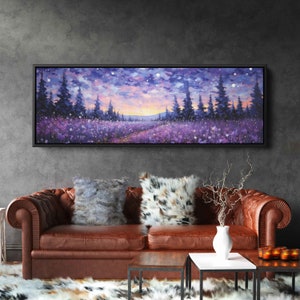 Lavender Field Starry Night Sky Panoramic Painting, Canvas Reproduction Print, Ready To Hang, Living Room Wall Art
