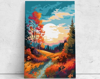 Stunning Fall Pop Art Sunset Landscape, Digital Illustration On Canvas, Beautiful Bright Colors, Canvas With Frame Options, Ready To Hang