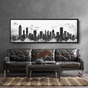 Minimalist Line Art Cityscape, Black And White, Framed Canvas Print, Ready To Hang, Monochrome Art Print, Office Decor