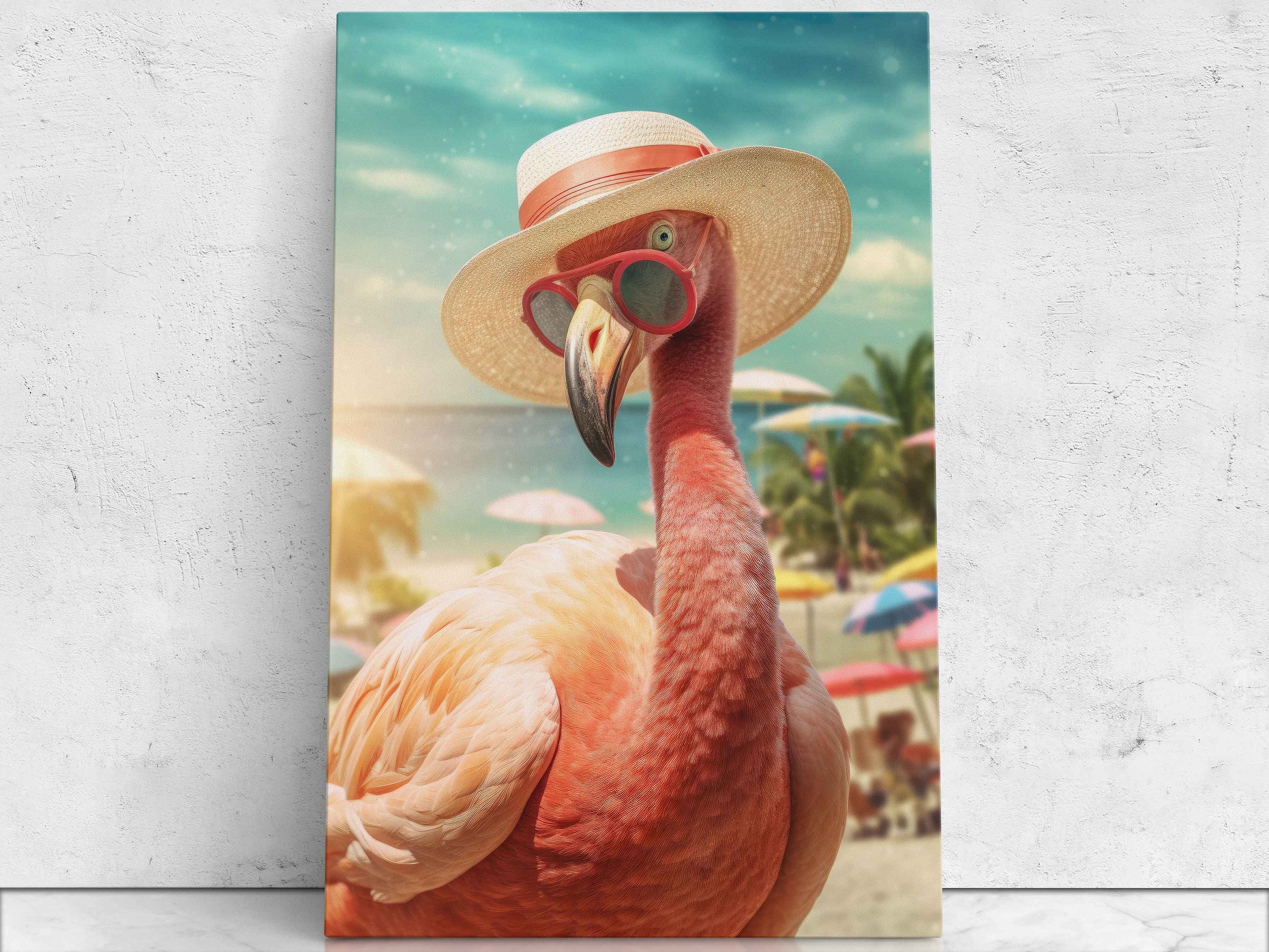 Flamingo Wearing Sunglasses on the Beach, Framed Canvas 