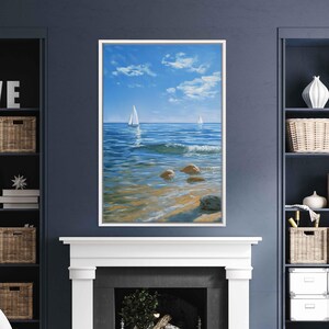 Peaceful Ocean View, Wall Art Canvas Print, Sailboats, Clear Blue Sky, Reflective Water