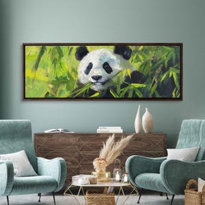 Panda Munching Bamboo, Wall Art Canvas Print, Impressionist Style, Serene Atmosphere