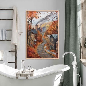 Cozy Autumn Village With Charming Cottages Acrylic Wall Art Canvas Print, Fall Foliage, Holiday Decor, Cabin Decor, Ready To Hang