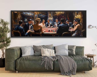 May include: A painting of a group of people playing cards around a table. The people are dressed in formal attire and are sitting in a dimly lit room. The painting is done in a realistic style with a focus on detail.
