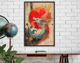 Celestial Dragon Constellation, Wall Art Canvas Print, Surreal Whimsical Gold Leaf Accents