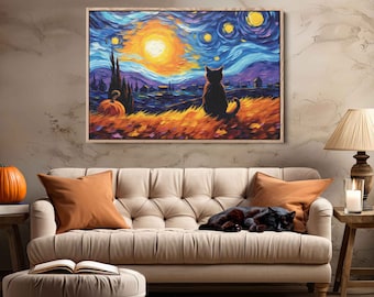Black Cat Halloween Starry Night Painting, Canvas Reproduction Print, Ready To Hang, Cute Cat Painting