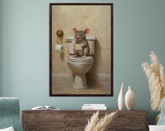 May include: A painting of a mouse sitting on a toilet holding a piece of paper. The mouse is gray and white, and the toilet is white. The painting is framed in a brown frame.