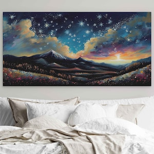 Pintura al óleo del cielo nocturno estrellado colorido, estilo de pintura texturizada, cielo vibrante brillante, impresión digital sobre lienzo, listo para colgar