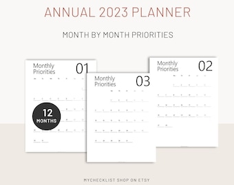 Printable Monthly Priorities Planner 12 Pages Month At a Glance, Monthly Agenda Productivity Planner dated Monthly Inserts, Instant Download