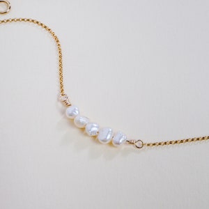 Samara Pearl Bracelet- dainty 5 freshwater pearl bracelet in 14k gold-filled bar setting, classy, minimal for daily wear, natural pearls