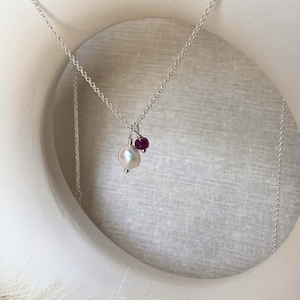 Stella Pearl & Ruby Necklace- dainty daily wear, freshwater pearl and ruby stone necklace in 925 sterling silver, real ruby beads, minimal
