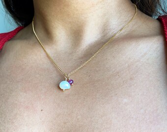 Ruby & Pearl Necklace: 14k Gold-Filled Dainty Pendant, Handmade in UK