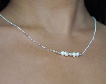 Samara Pearl Necklace- genuine five freshwater pearls necklace in bar setting on sterling silver, classy, dainty, minimal for daily wear