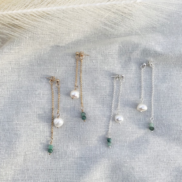 Clara dangling pearl & emerald earrings- freshwater pearl and genuine emerald stones dangling earrings in sterling silver, dainty, festive