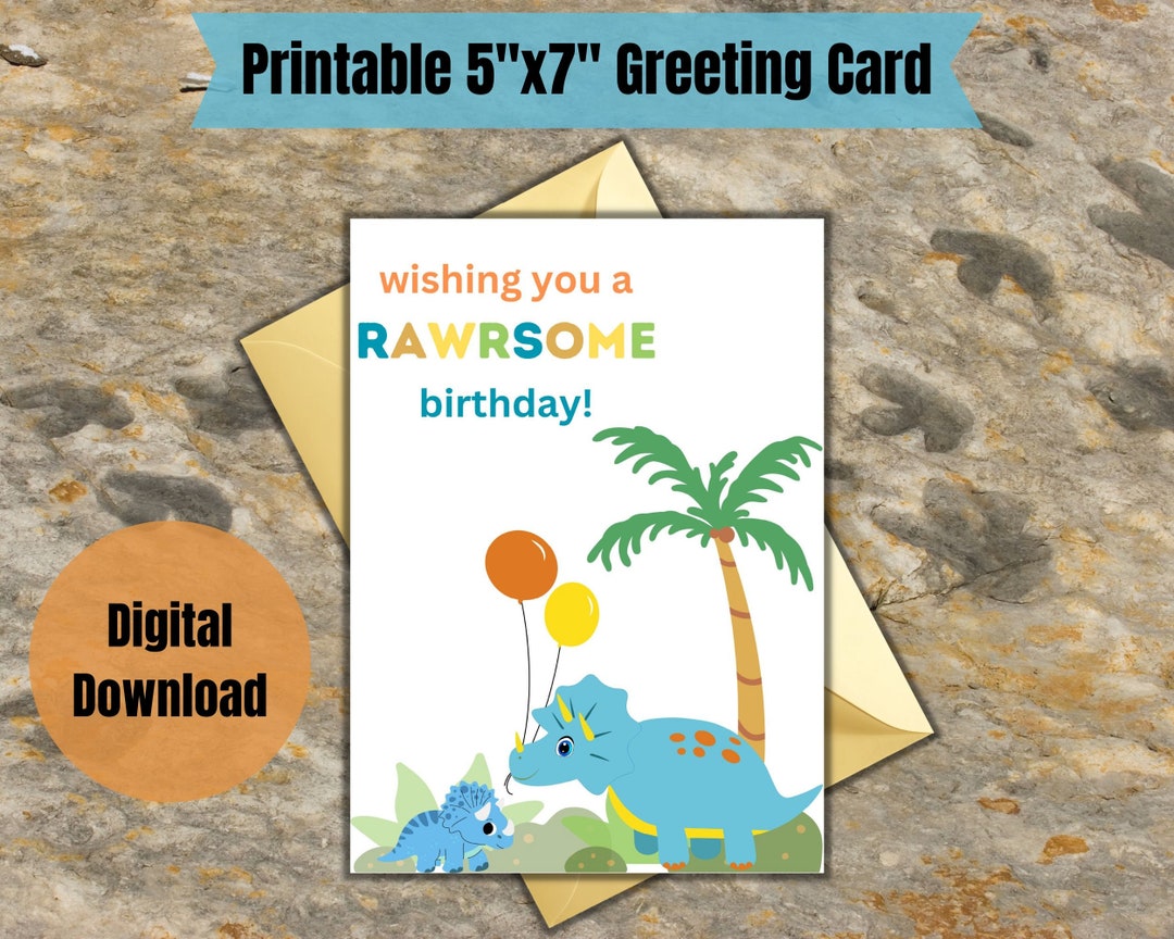 Printable Dinosaur Birthday Card, Kids Printable Card, Digital Download ...