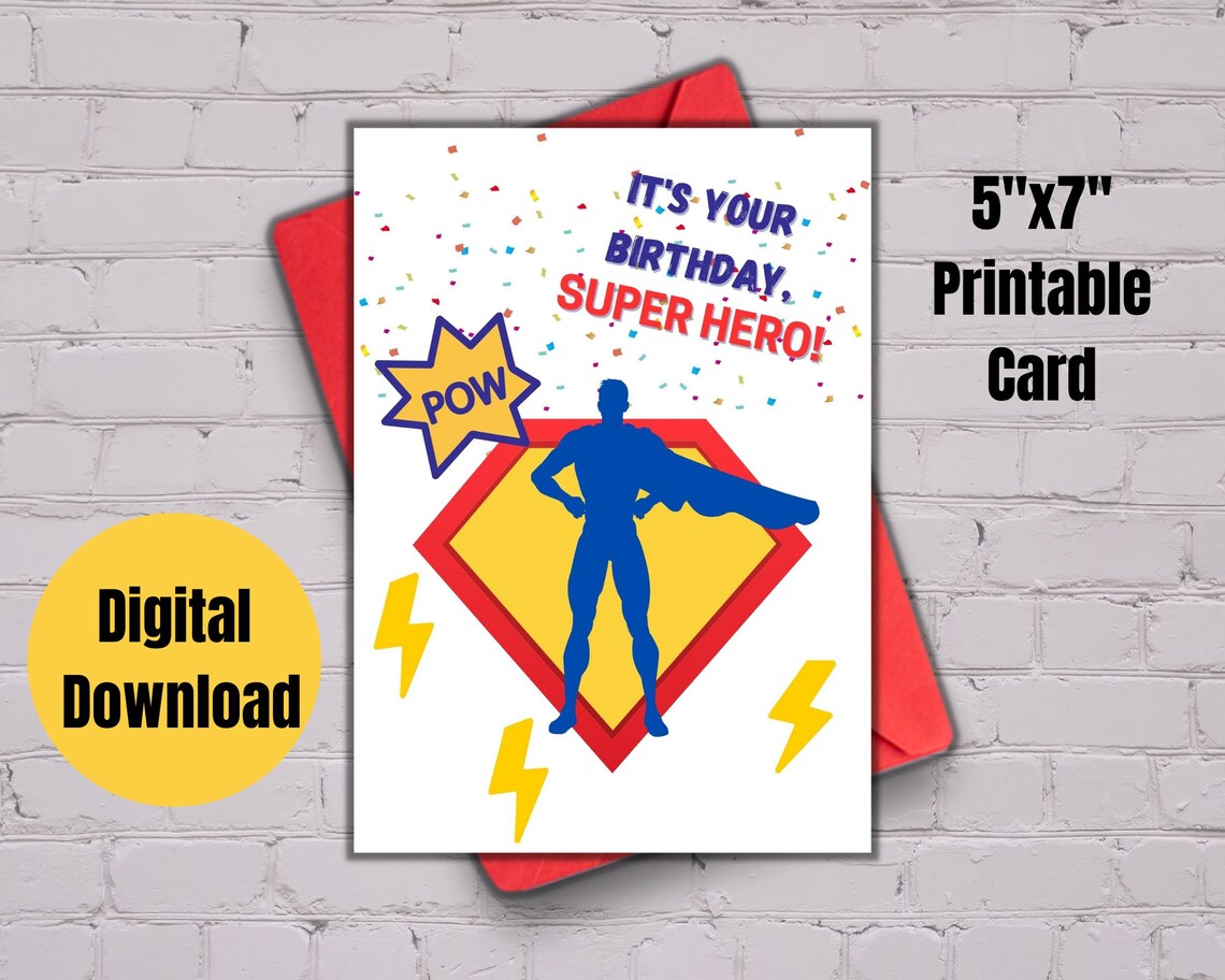 Printable Super Hero Birthday Card, 5x7 Card, Birthday Card for Boys, Digital, Super Hero Card ...