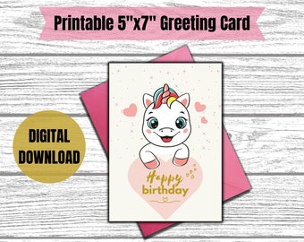 Printable, Unicorn Birthday Card, Cute Unicorn, Girl Birthday Card, Happy Birthday, 5x7 Digital Card