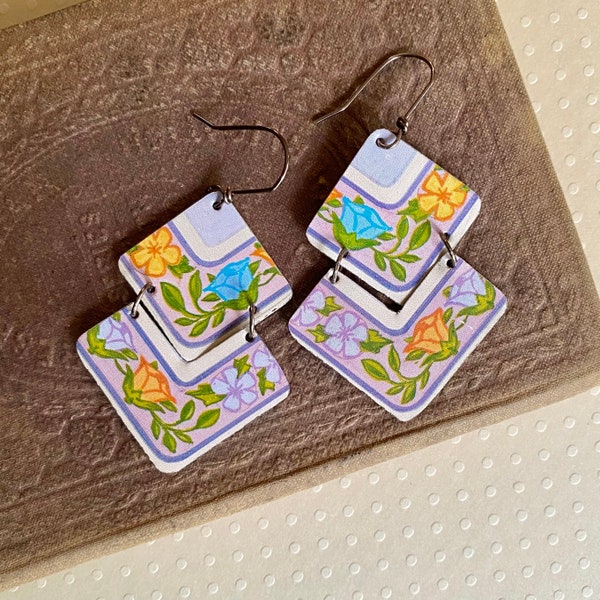 Vintage Tin Dangle Drop Earrings Recycled Upcycled Floral Orange Blue Purple Lightweight Jewelry One of a Kind Boho Anniversary Gift for Her