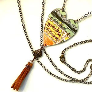 Yellow Lemonade Vintage Tin Heart Pendant Necklace,  Upcycled BOHO Jewelry, Unique Hippie Gift, 10th Anniversary Tin Gift For Her