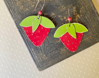 Vintage Tin Dangle Large Strawberry Drop Earrings Recycle Upcycled Summer Berry Cute Lightweight Jewelry One of a Kind Boho Anniversary Gift