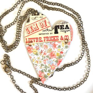 Pink + Cream Floral Vintage Tin Heart Pendant Necklace,  Upcycled BOHO Jewelry, Unique Hippie Gift, 10th Anniversary Tin Gift For Her