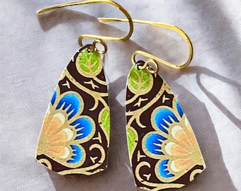 Brown + Blue Floral Vintage Tin Retro Bright Dangle Drop Earrings Upcycled Tin Jewelry, One of a Kind 10th Anniversary Gift for Her