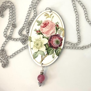Pink Roses Floral Vintage Tin Extra Long Pendant Necklace,  Upcycled BOHO Jewelry, Unique Hippie Gift, 10th Anniversary Tin Gift For Her