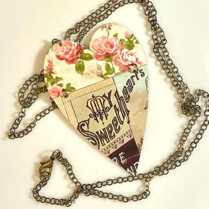 Pink + Cream Floral Vintage Tin Heart Pendant Necklace,  Upcycled BOHO Jewelry, Unique Hippie Gift, 10th Anniversary Tin Gift For Her