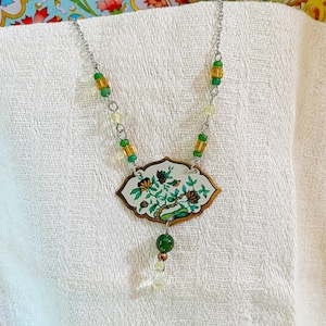 Vintage Tin Floral Bird Pendant Necklace Beaded Upcycled Recycled Repurposed Jewelry Unique One Of A Kind 10th Anniversary Gift For Her OOAK