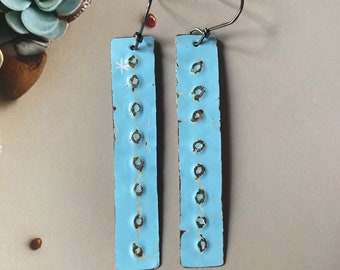 Recycled Tin Dangle Drop Earrings, Blue Upcycled Tin Jewelry, One of a Kind Hippie, Boho, Festival and Beach Inspired Gift for Her