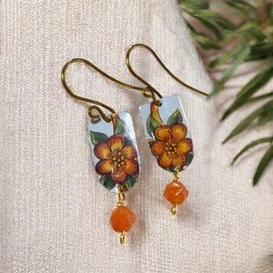 Orange Floral Vintage Tin Dangle Drop Earrings Recycled Upcycled Rustic Lightweight Jewelry One of a Kind 10th Anniversary Gift For Her