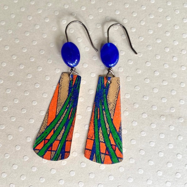 Vintage Tin Dangle Earrings Recycled Upcycled Blue Plaid Orange Lightweight Jewelry Eclectic One of a Kind Boho Eclectic Anniversary Gift