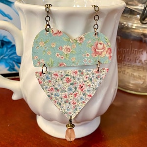 Pink + Teal Floral Vintage Tin Heart Pendant Necklace,  Upcycled BOHO Jewelry, Unique Hippie Gift, 10th Anniversary Tin Gift For Her