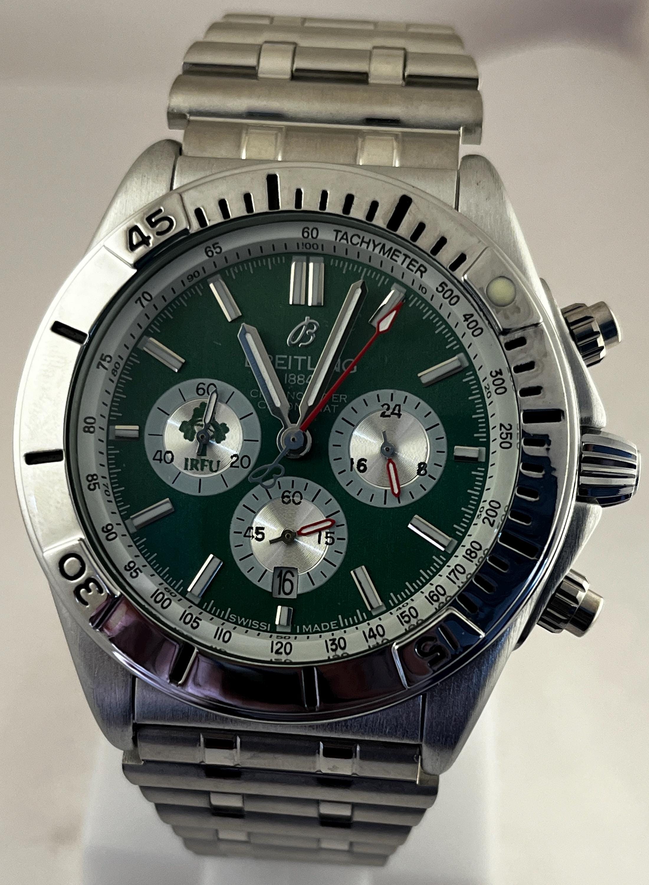 Vintage Breitling Chronograph Green Dial Date Analog Men's Wrist Watch Free Shipping