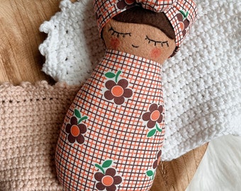Swaddled Doll 8”, Going on a Picnic, Handmade Doll, One-of-a-Kind Doll, Baby’s First Doll, Baby Shower Gift, Toddler Gift, Ethnic Doll