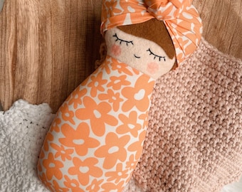 Swaddled Doll 8”, Groovy Flower Print, Handmade Doll, One-of-a-Kind Doll, Baby’s First Doll, Baby Shower Gift, Toddler Gift, Small Doll
