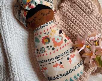 Swaddled Doll 8”, Boho Floral Print, Handmade Doll, One-of-a-Kind Doll, Baby’s First Doll, Baby Shower Gift, Toddler Gift, Ethnic Doll