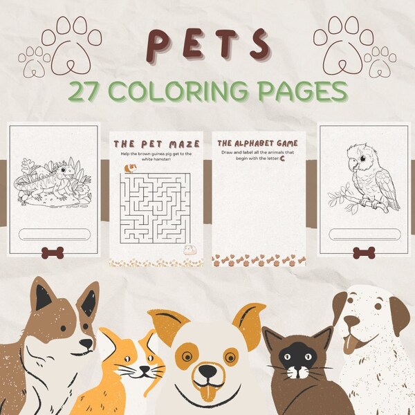 Pets Coloring Book, Domesticated Animals Coloring Book, Printable Coloring Pages, Easy Downloadable Animals Coloring Pages