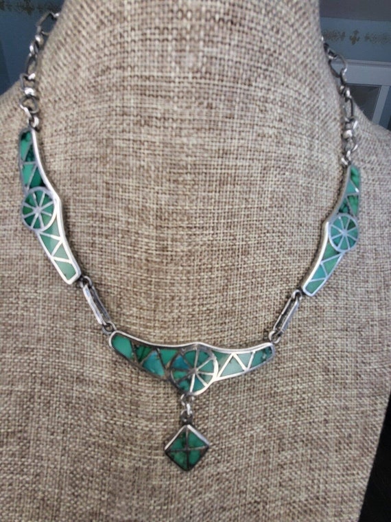 Zuni Sterling Silver Turquoise Inlay Necklace - image 5