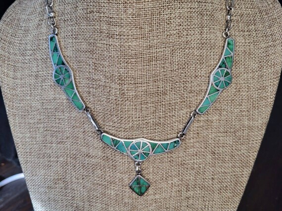 Zuni Sterling Silver Turquoise Inlay Necklace - image 9