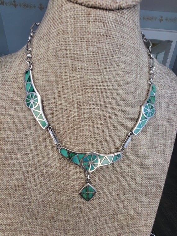 Zuni Sterling Silver Turquoise Inlay Necklace