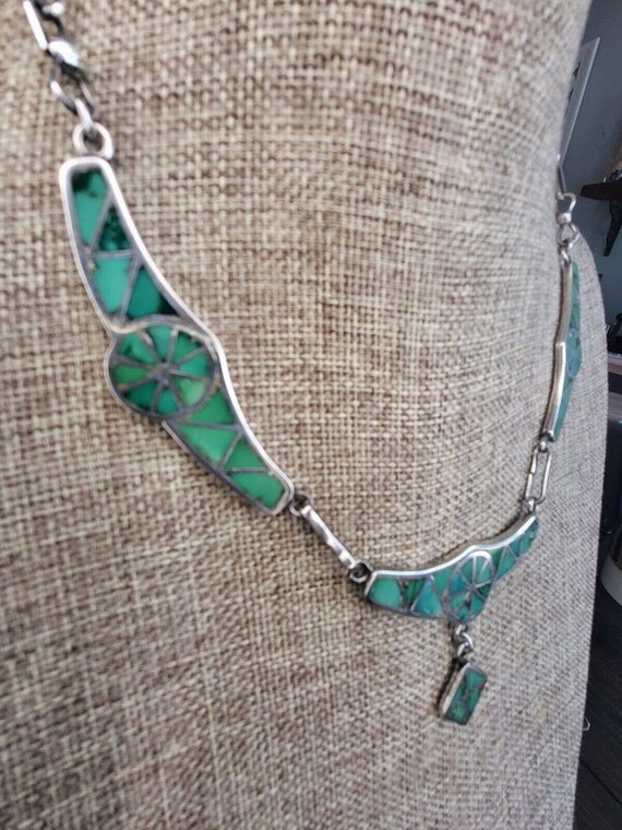 Zuni Sterling Silver Turquoise Inlay Necklace - image 6