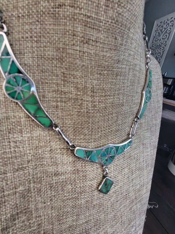 Zuni Sterling Silver Turquoise Inlay Necklace - image 3