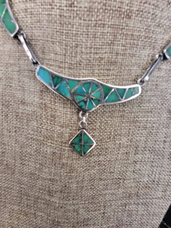 Zuni Sterling Silver Turquoise Inlay Necklace - image 2