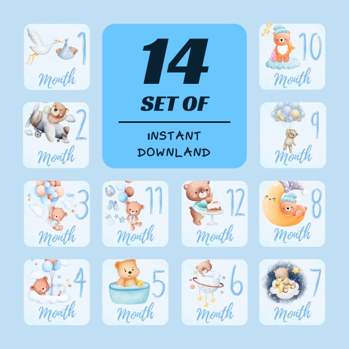 Baby Milestone Months Boy Printable , Set of 14 , Baby Progress Cards ...